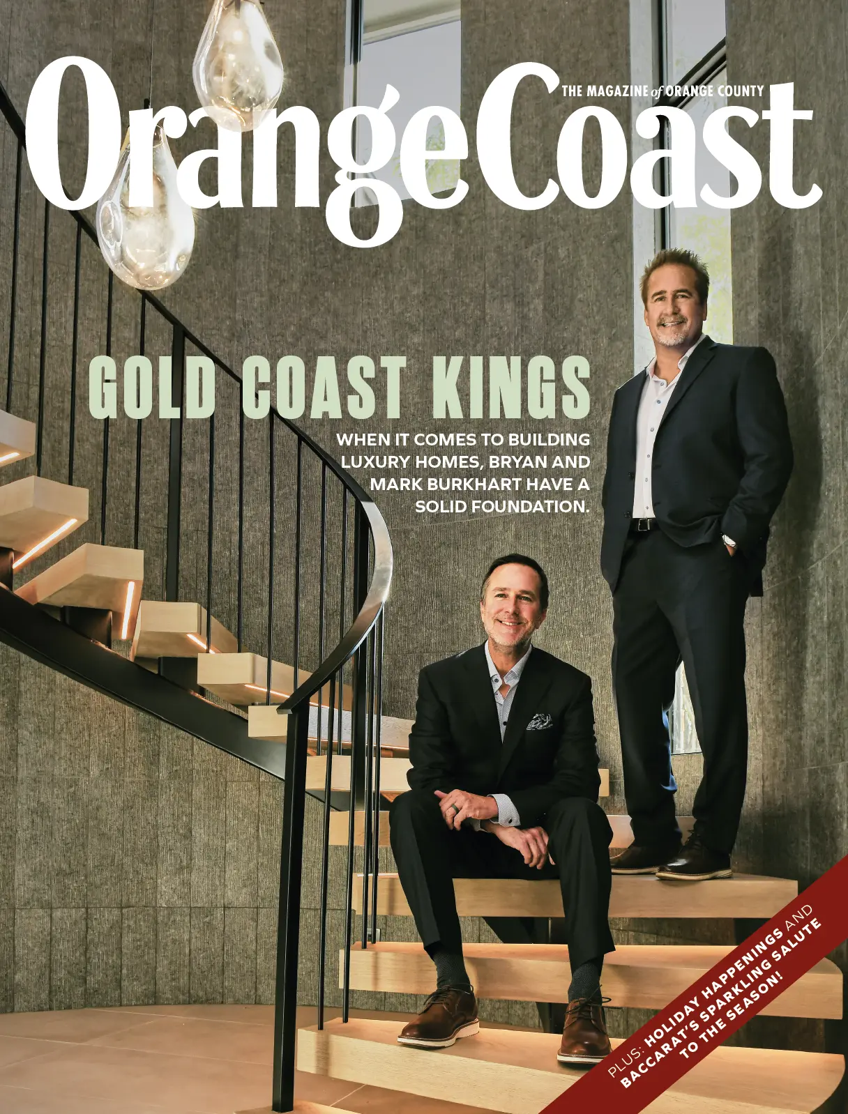 Orange Coast magazine cover showing Bryand and Mark Burkhart standing and sitting on a spiral staircase